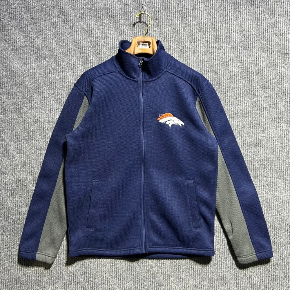 NFL Team Apparel Denver Broncos Jacket Mens Medium Blue Full Zip Waffle Knit